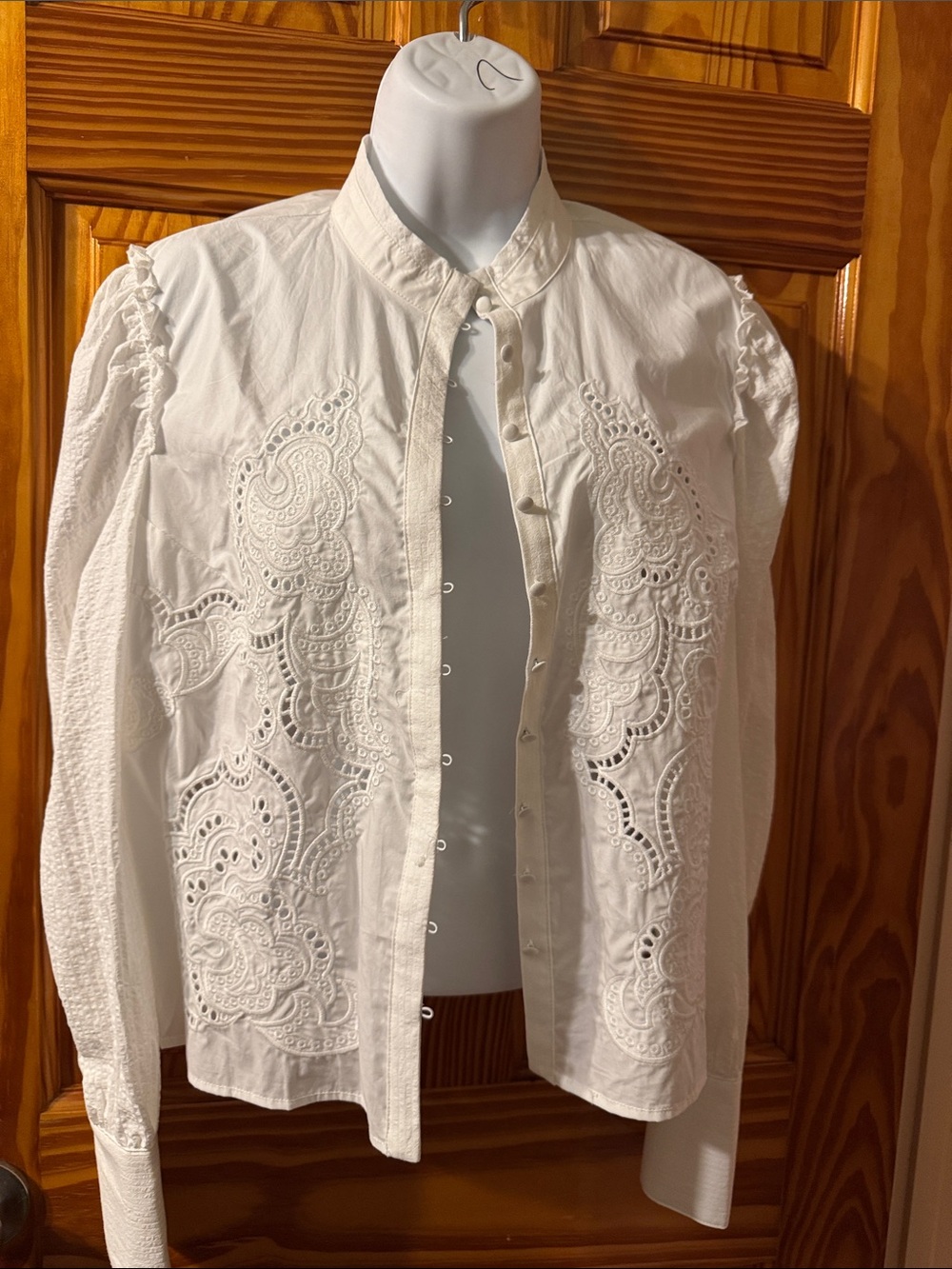Magaschoni White Eyelet Lace Panel Button-Front Blouse